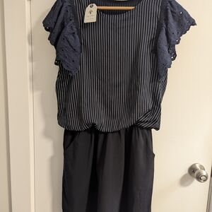 Navy Striped Dress with Eyelet Sleeves